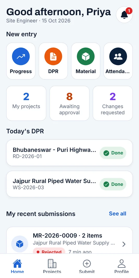 The site app's home screen with new entry buttons and today's DPRs